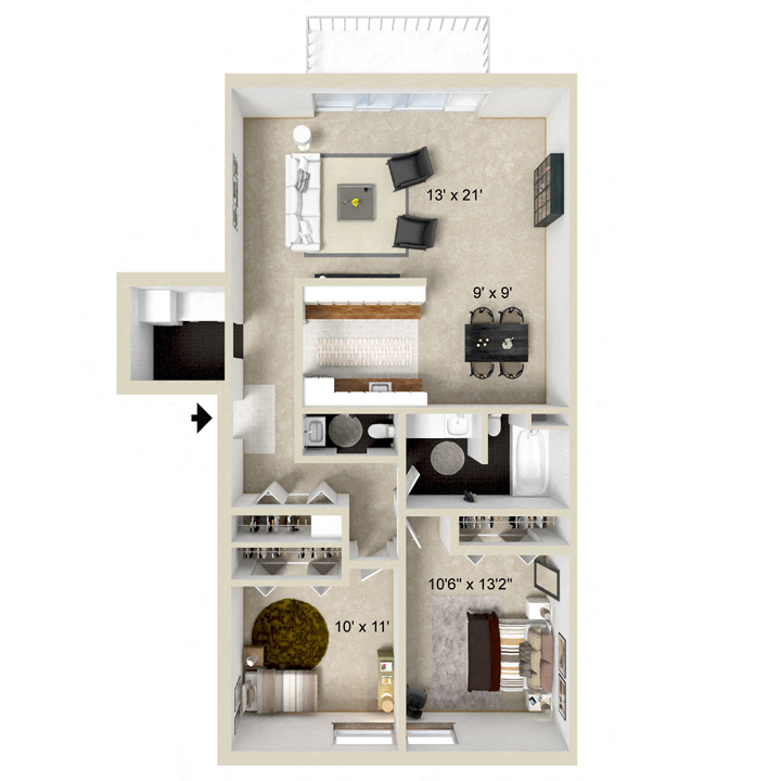 Floor plan for 2 beds, 1.5 baths, 1157 sqft